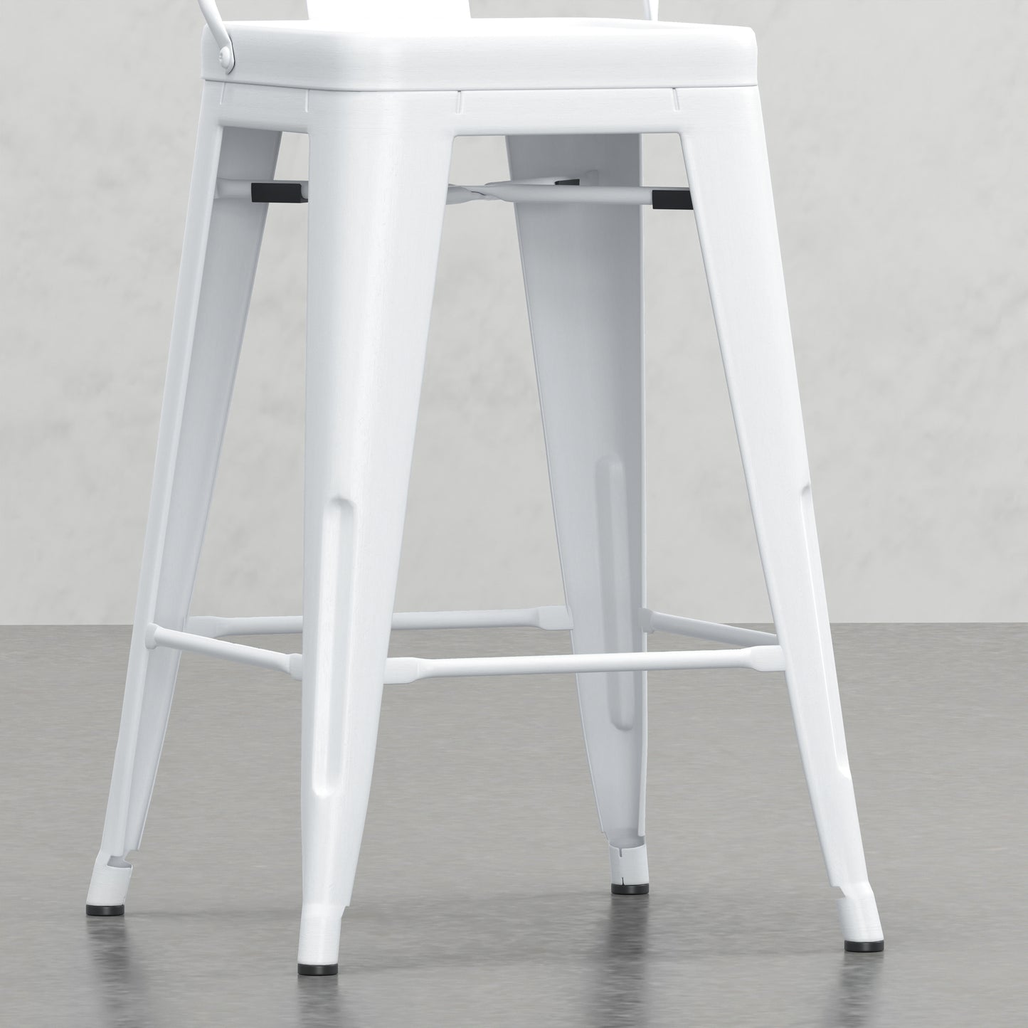 White metal bar stool with a distressed finish and a footrest