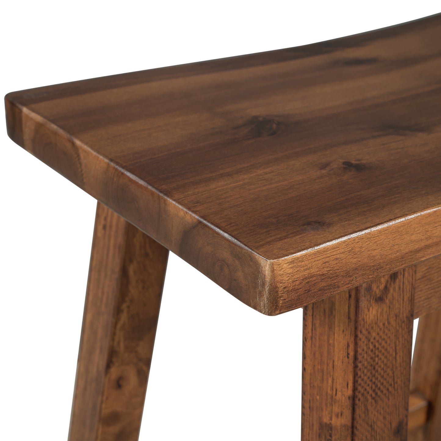 Closeup of a rustic wooden stool seat with visible grain texture