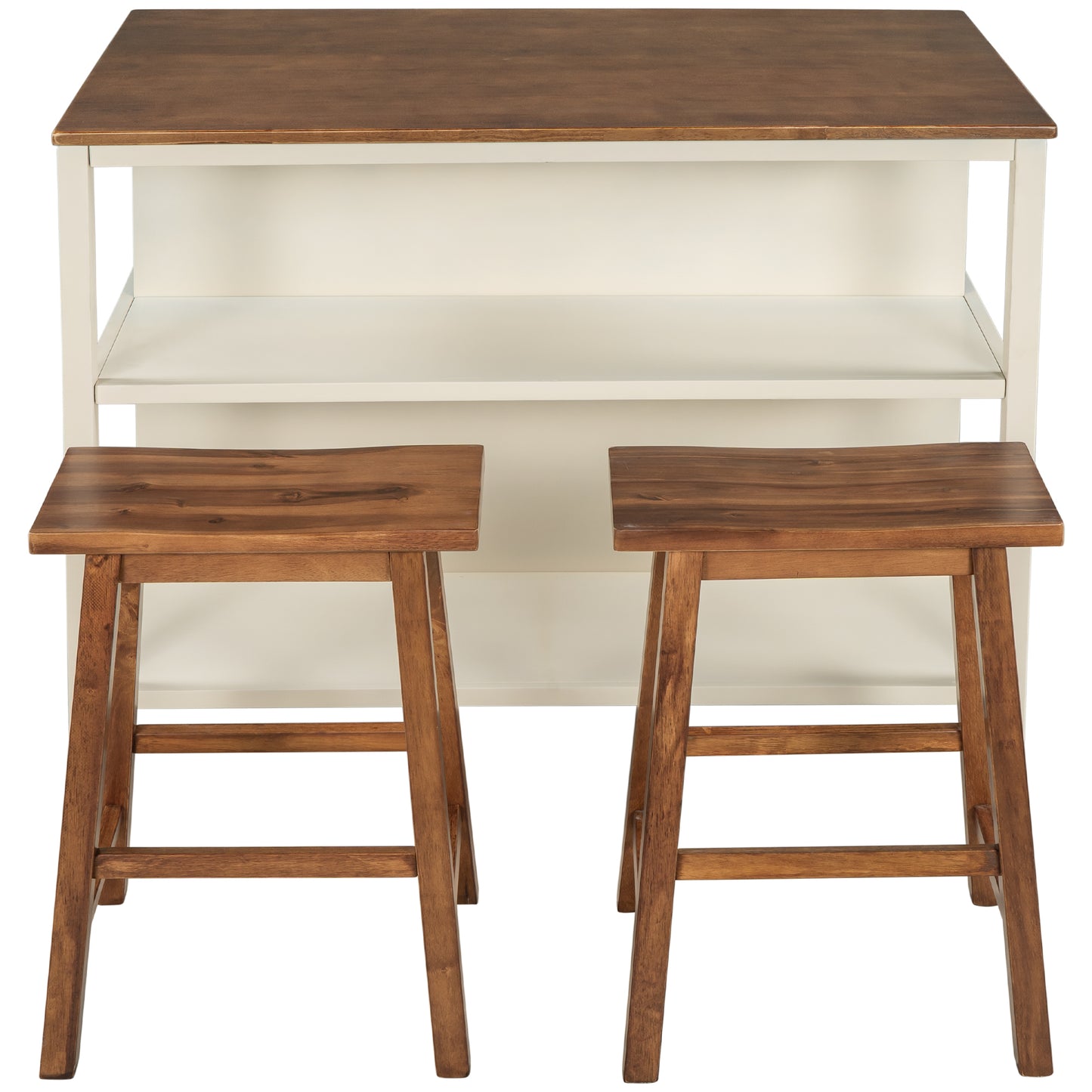 Twotone counter height bar stool set with rich wood seats and white frame