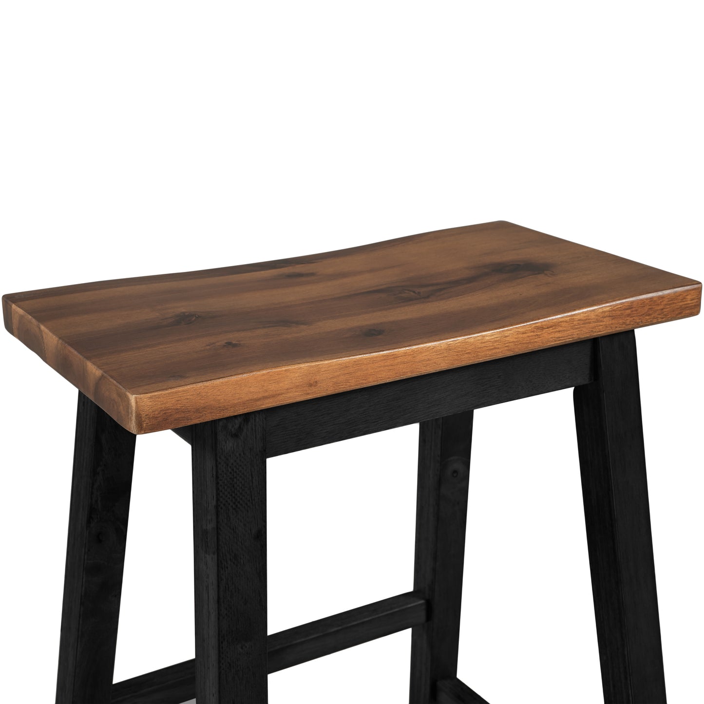 Rustic wooden bar stool with natural wood seat and black base
