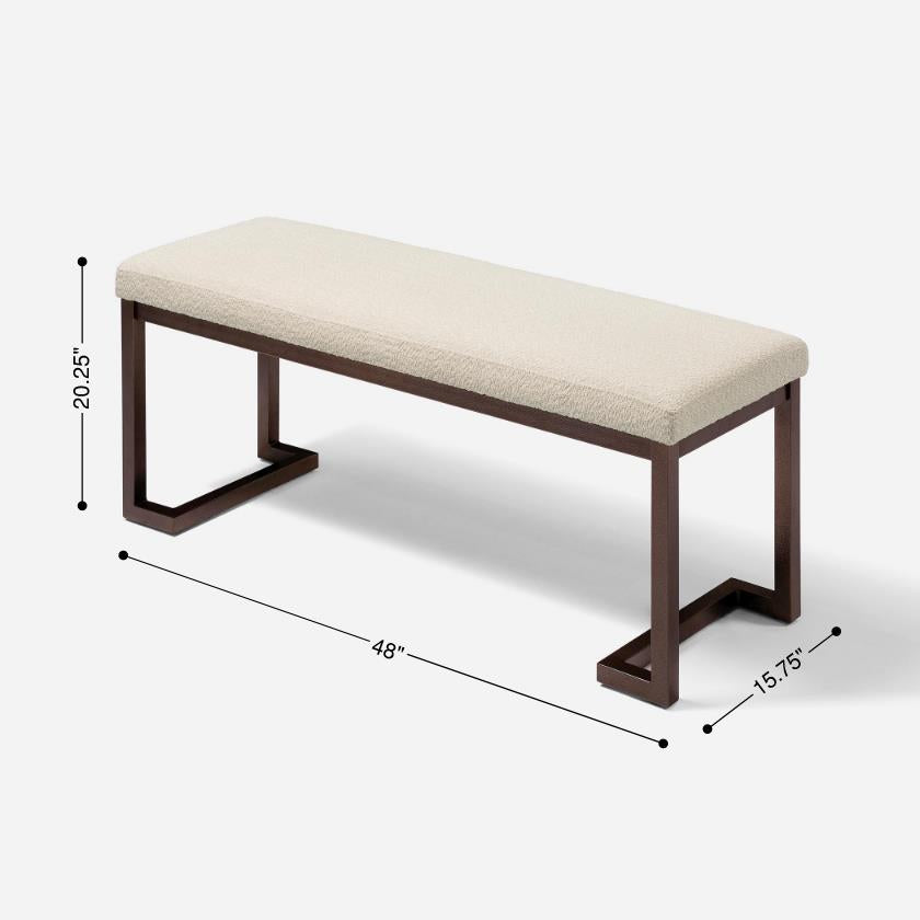 Cream boucle bench with dark metal frame