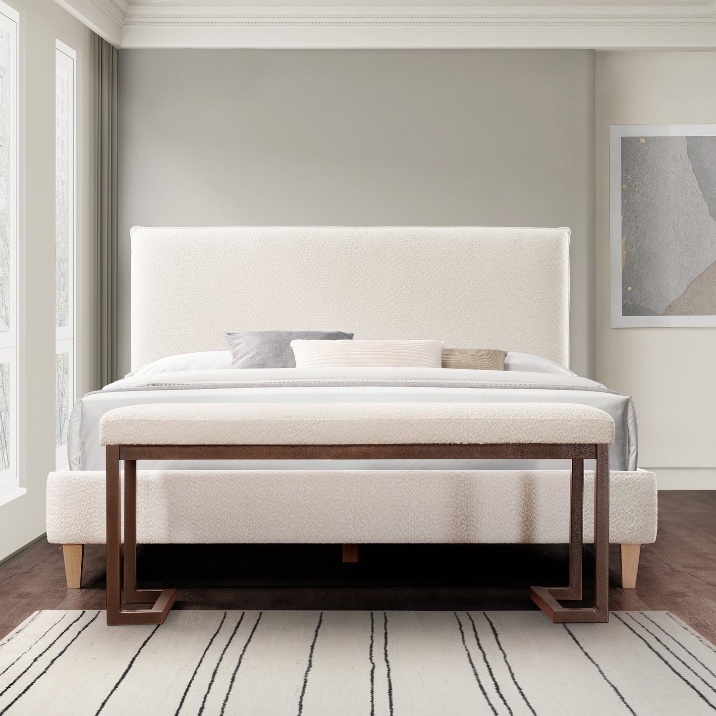 Cream boucle upholstered queen bed with dark metal frame