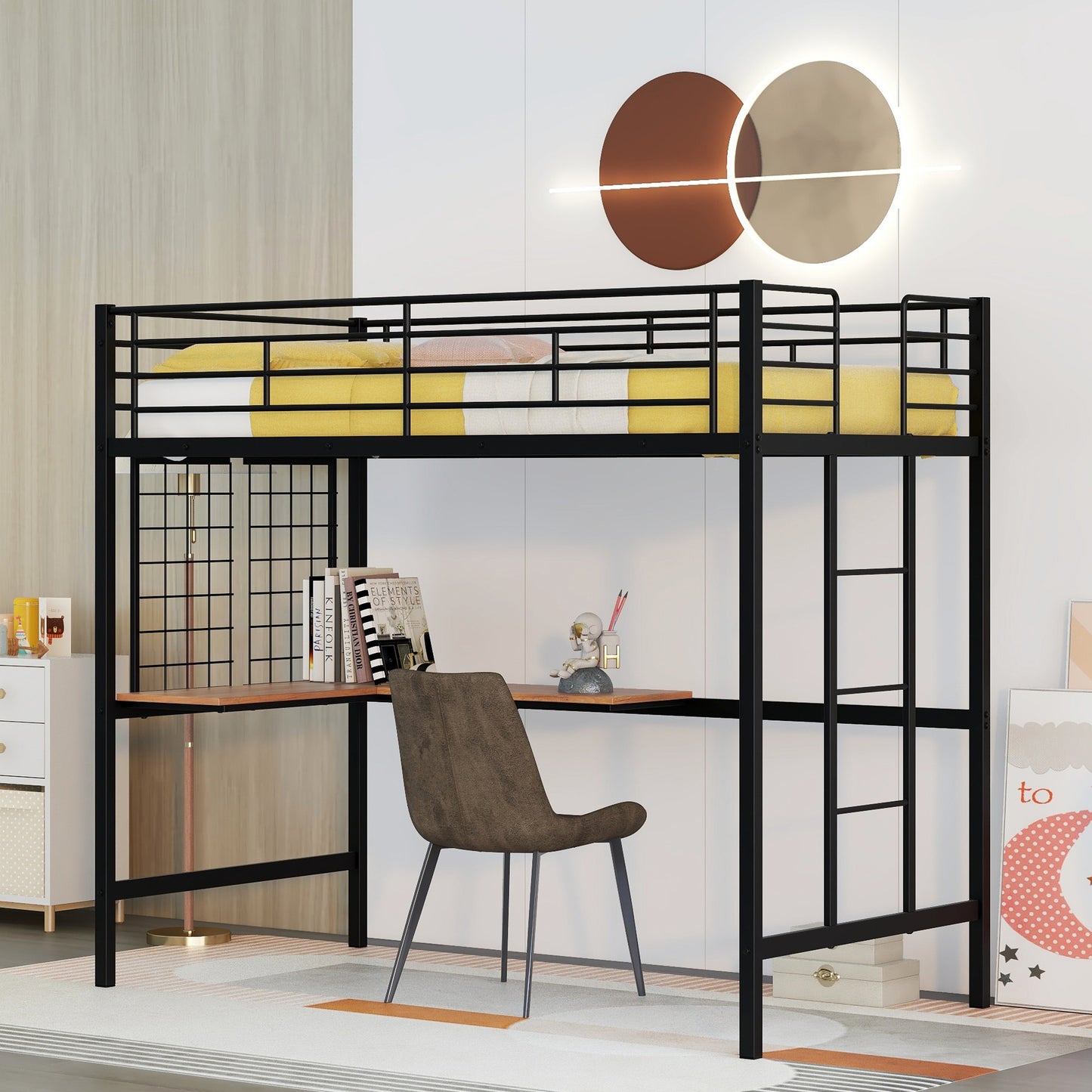 TREATLIFE HOME Twin Metal Loft Bed with Integrated Desk and Safety Guardrails, Sturdy Metal Grid Design, Black