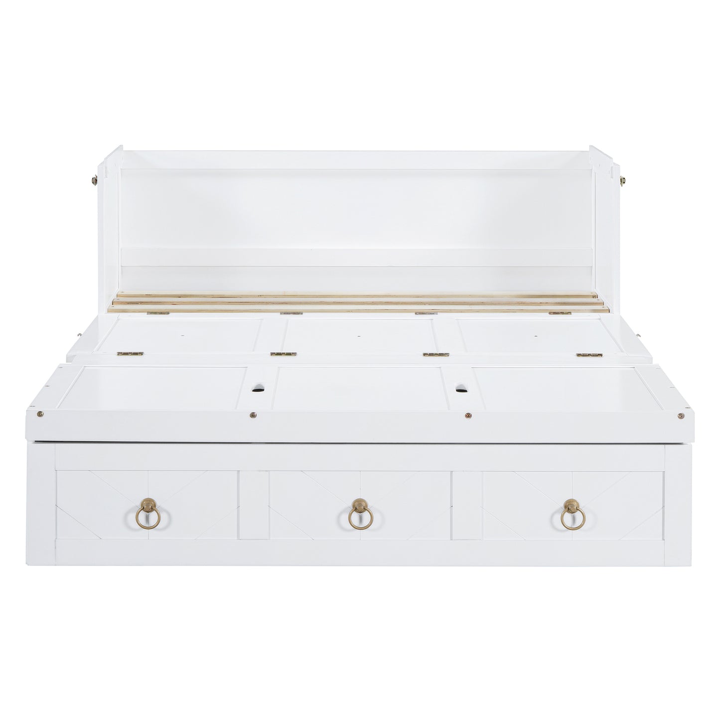 White wooden storage bed frame with three drawers and lifttop storage compartments