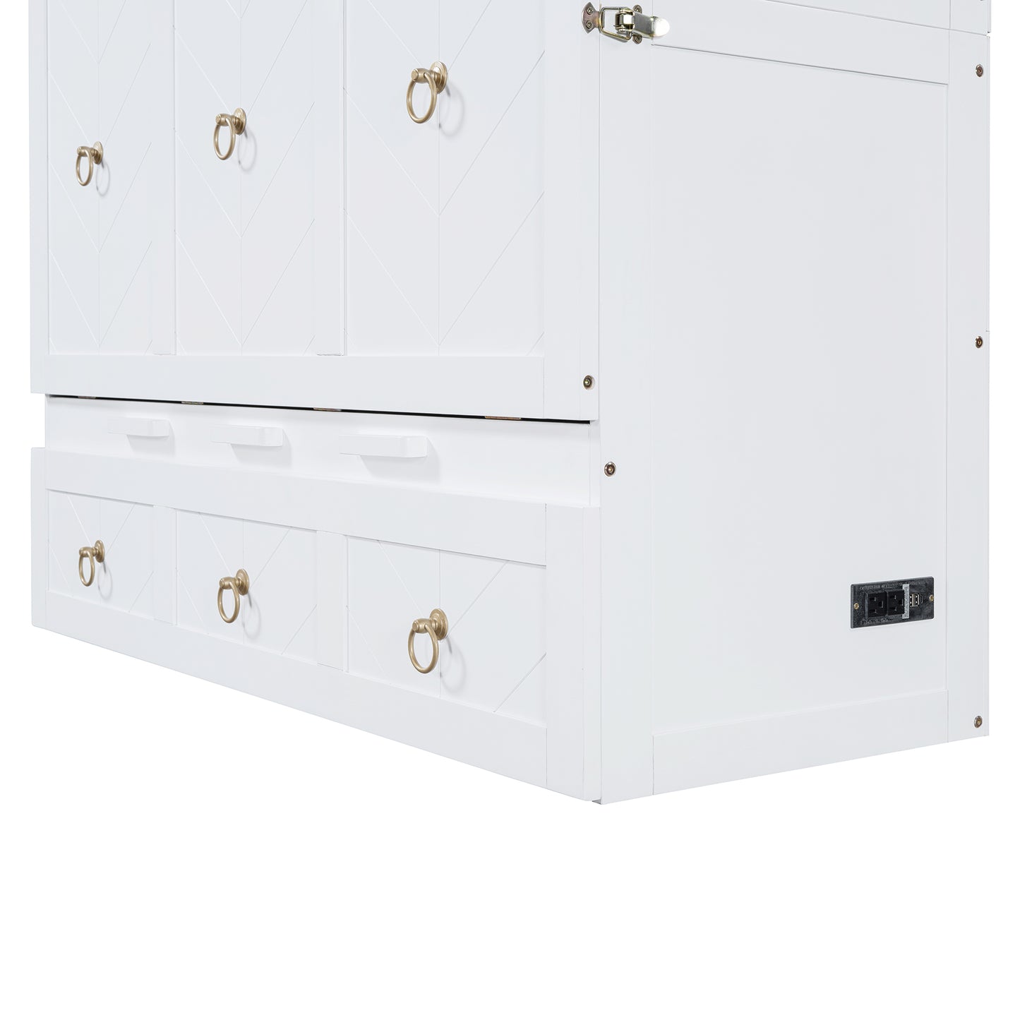 White dresser with chevron patterned doors and brass ring pulls