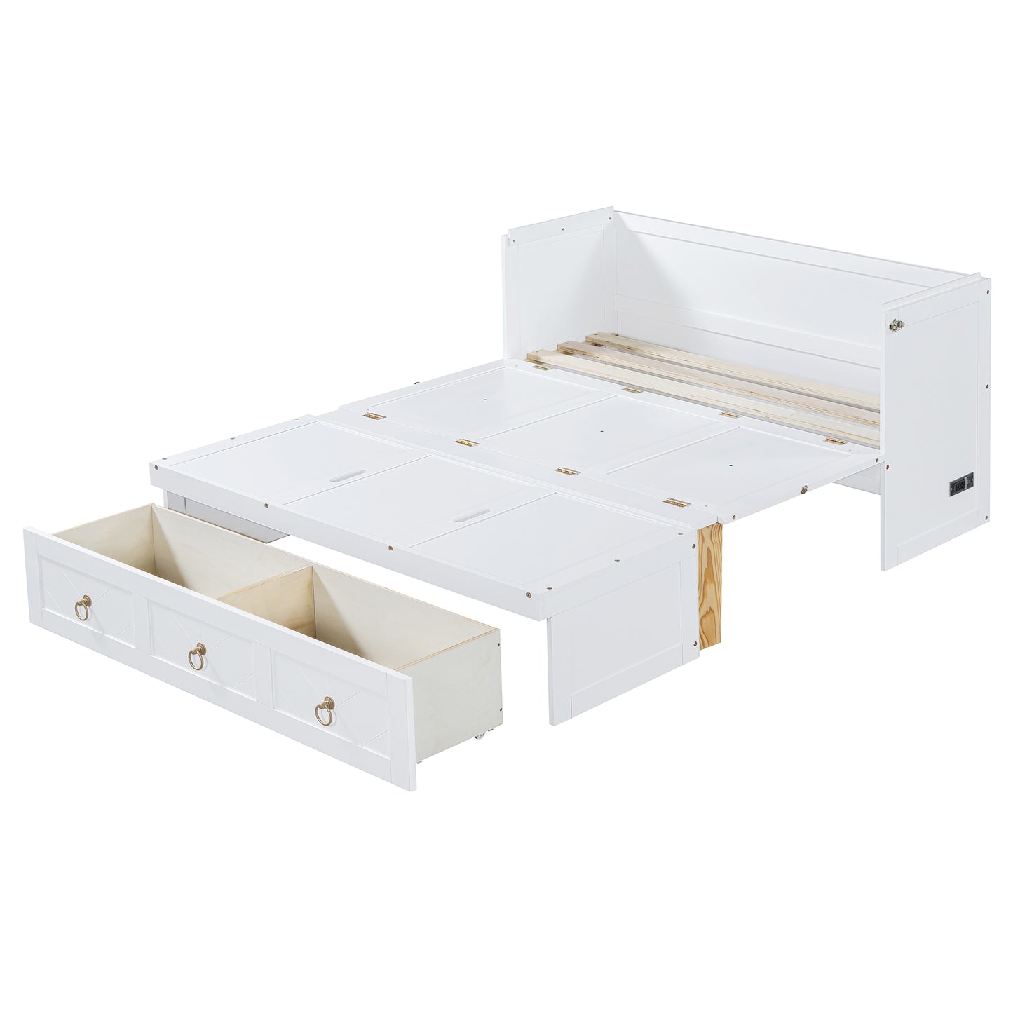 White wooden twin bed frame with three pullout storage drawers and slatted base