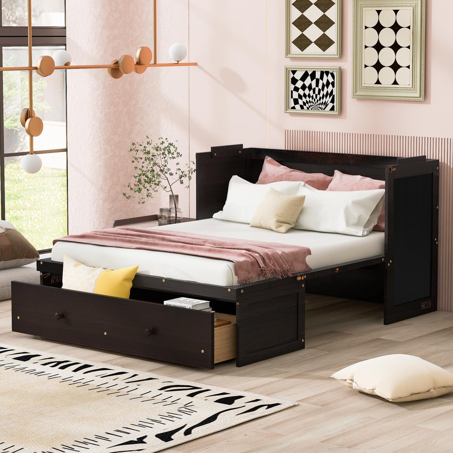 Dark wood daybed with pullout trundle and builtin storage drawers