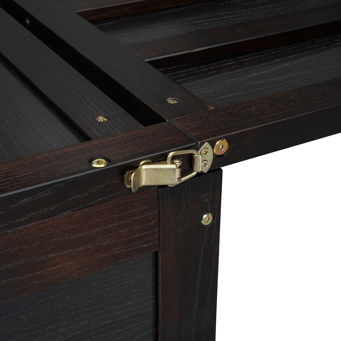 Dark espresso wooden bed frame corner with latch hardware