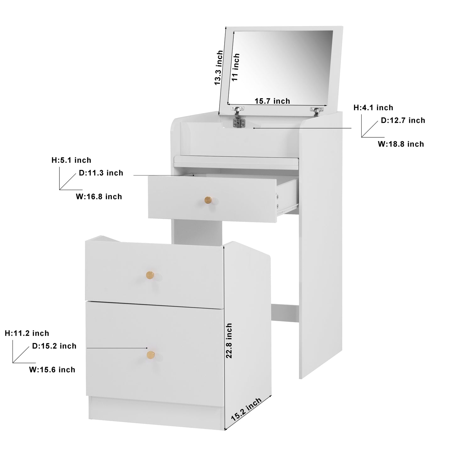 White compact vanity with lifttop mirror and two drawers