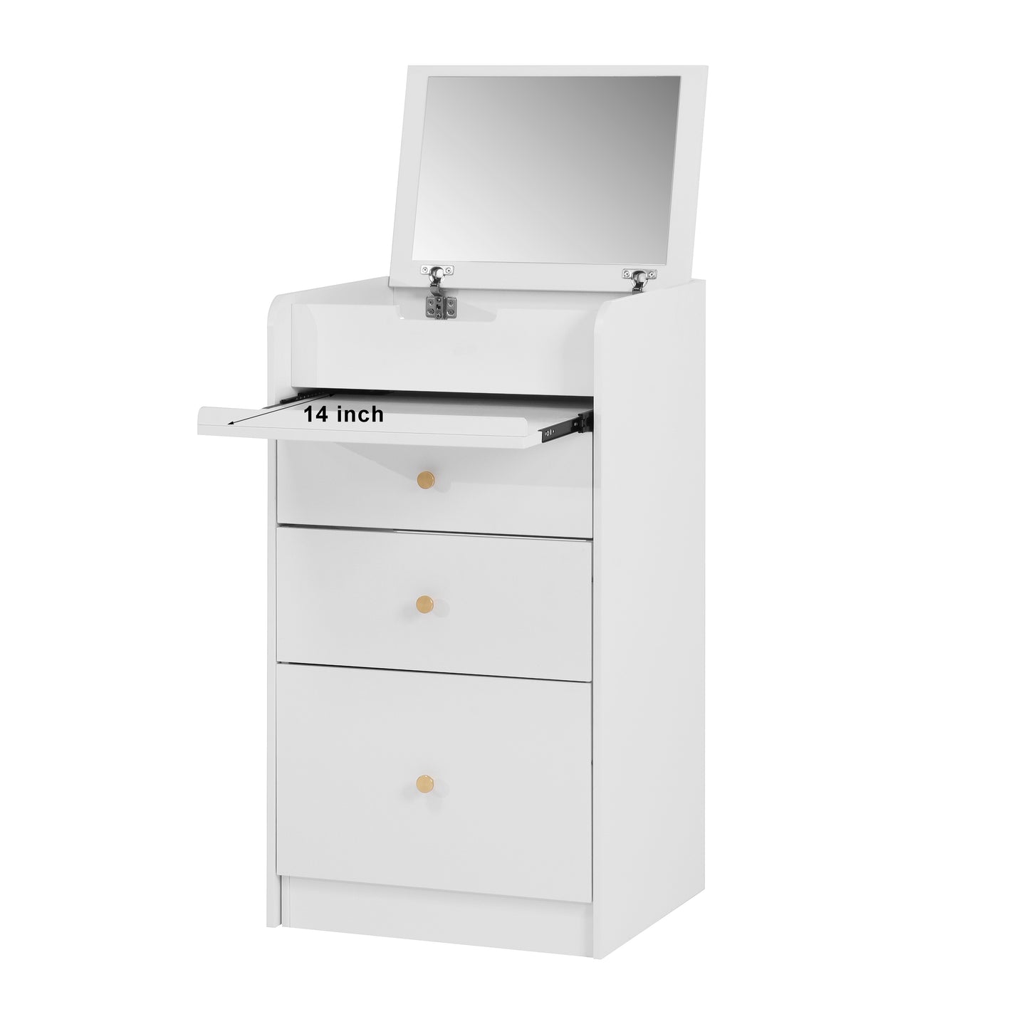 White vanity with fliptop mirror and pullout drawer