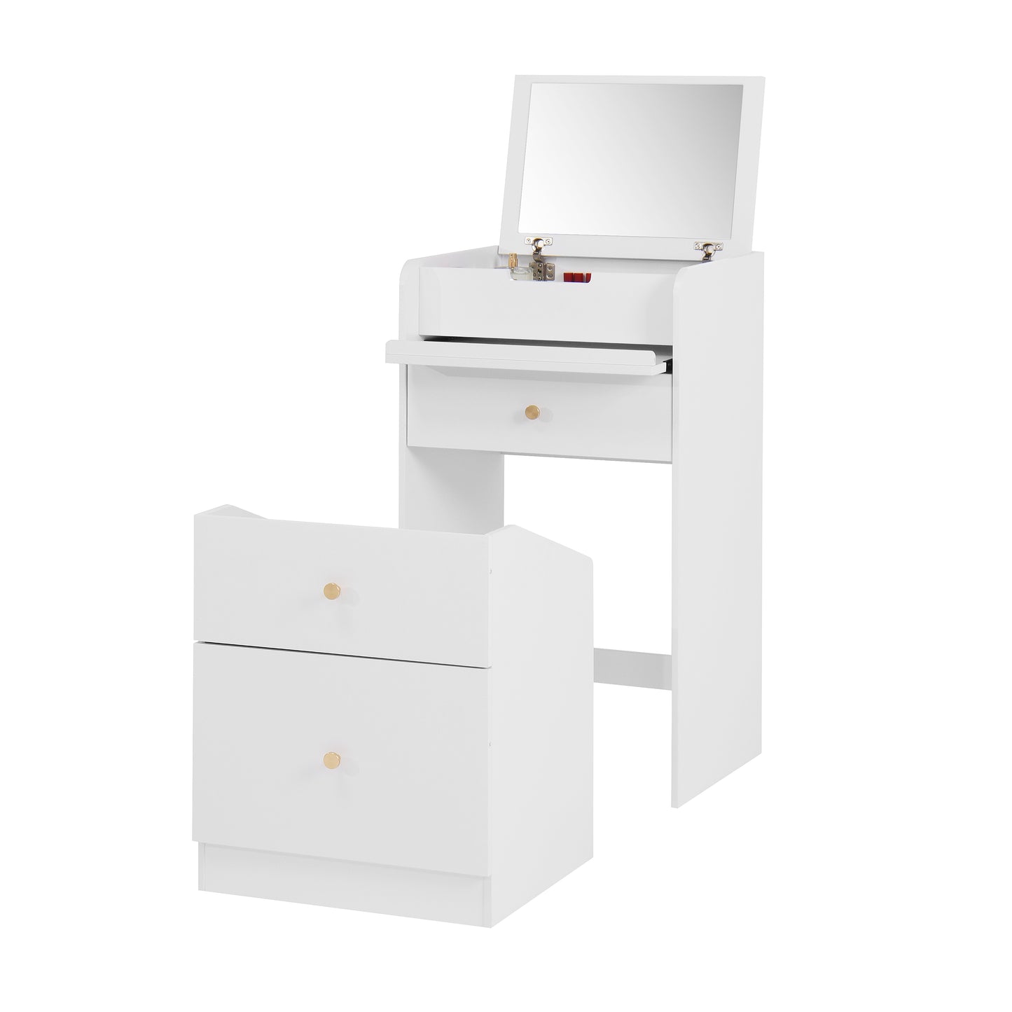 White vanity table with fliptop mirror and two drawers