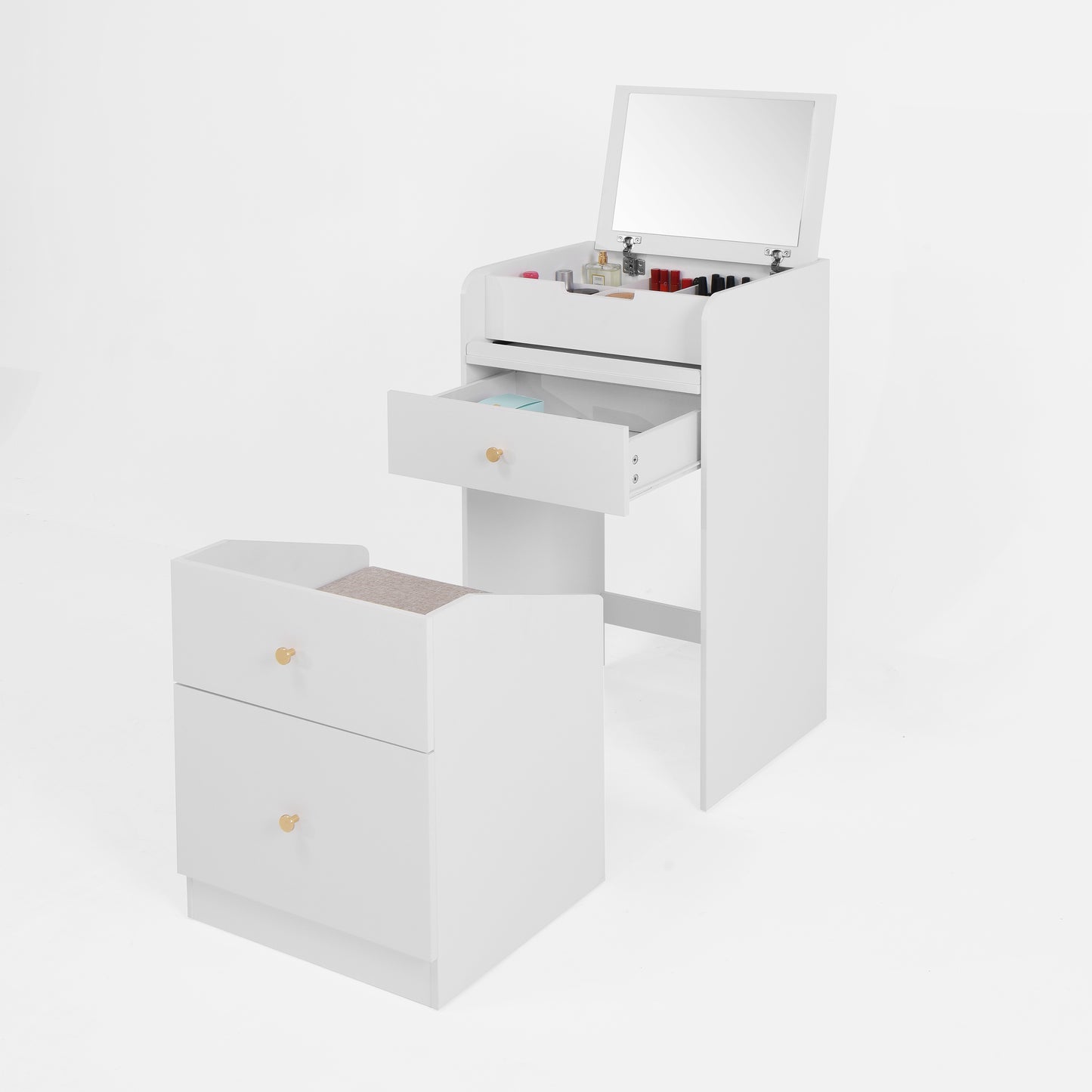 White modern vanity set with mirror and stool