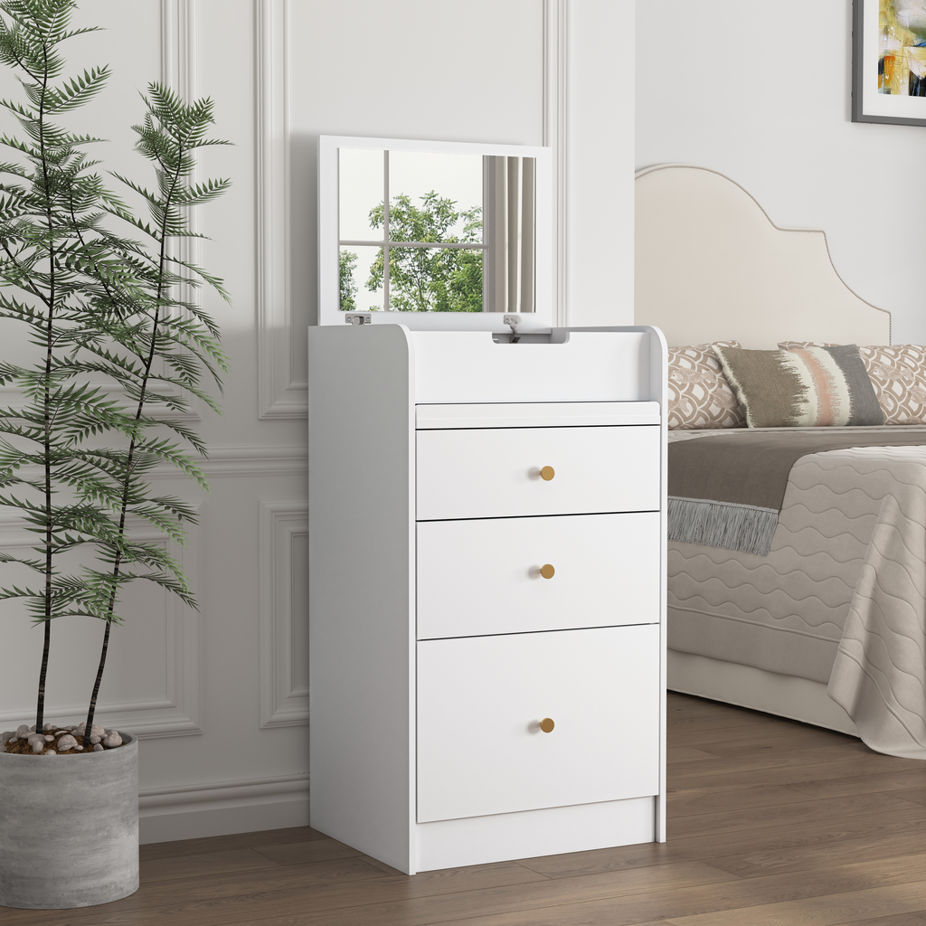 White threedrawer dresser with gold knobs and a fliptop mirror