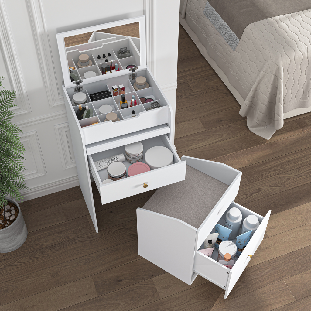 White makeup vanity with mirror and organized compartments