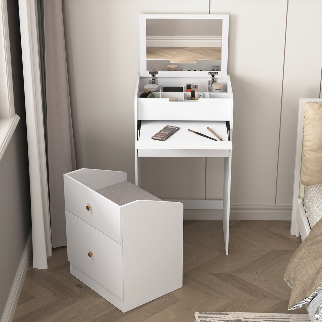 White modern makeup vanity with storage