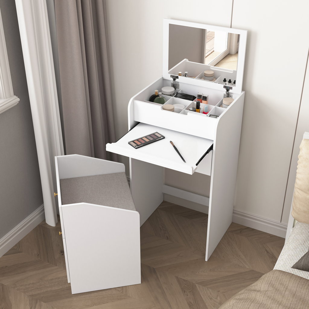 White vanity table with mirror and stool