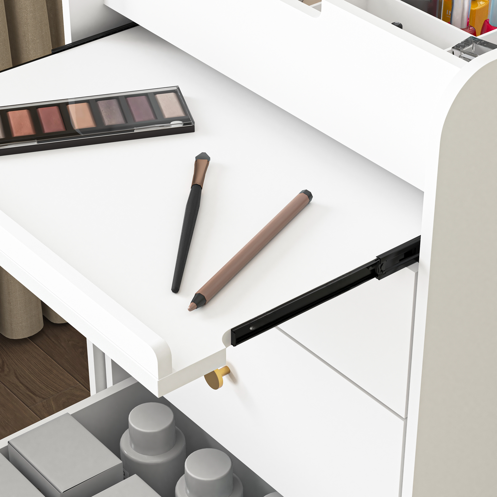 Eyeshadow palette with warm neutral tones and a makeup brush