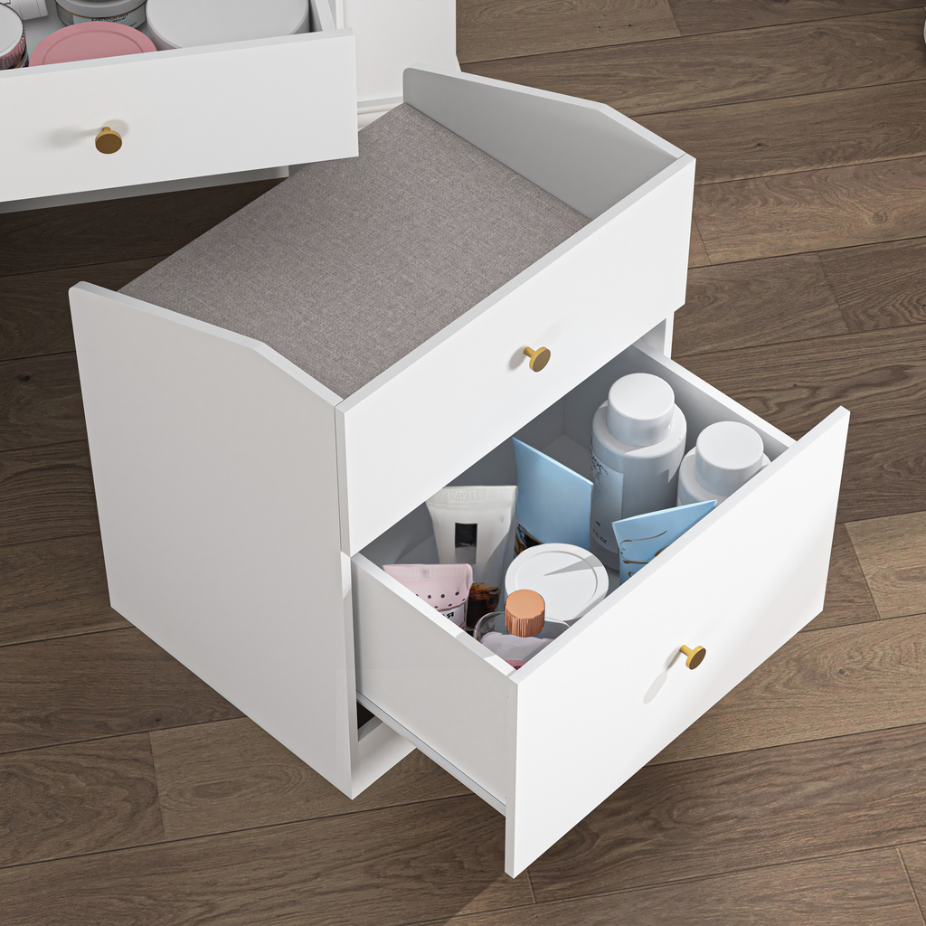White vanity drawer unit with upholstered top and gold knob
