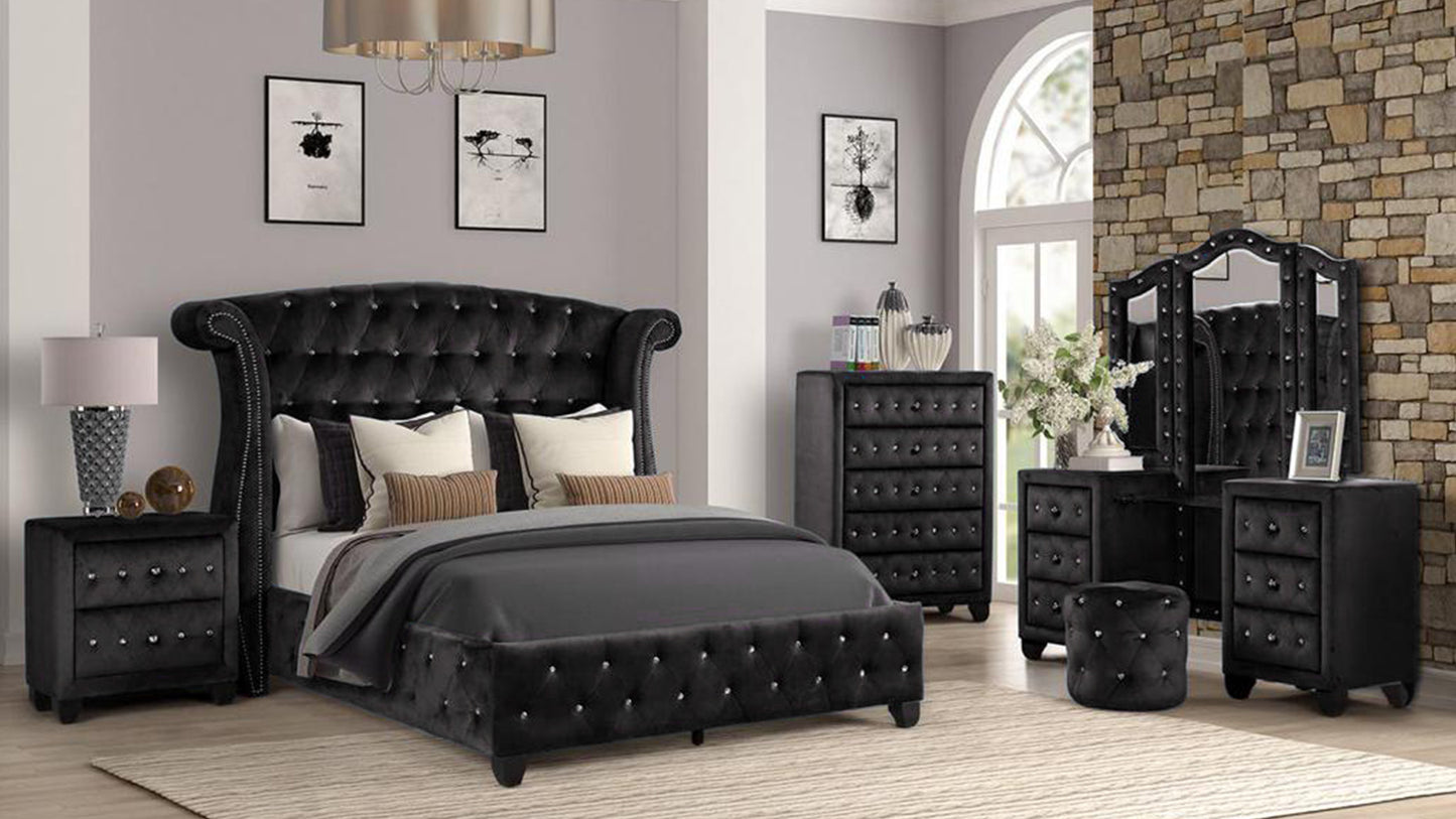 Black velvet king size bed with crystal tufting