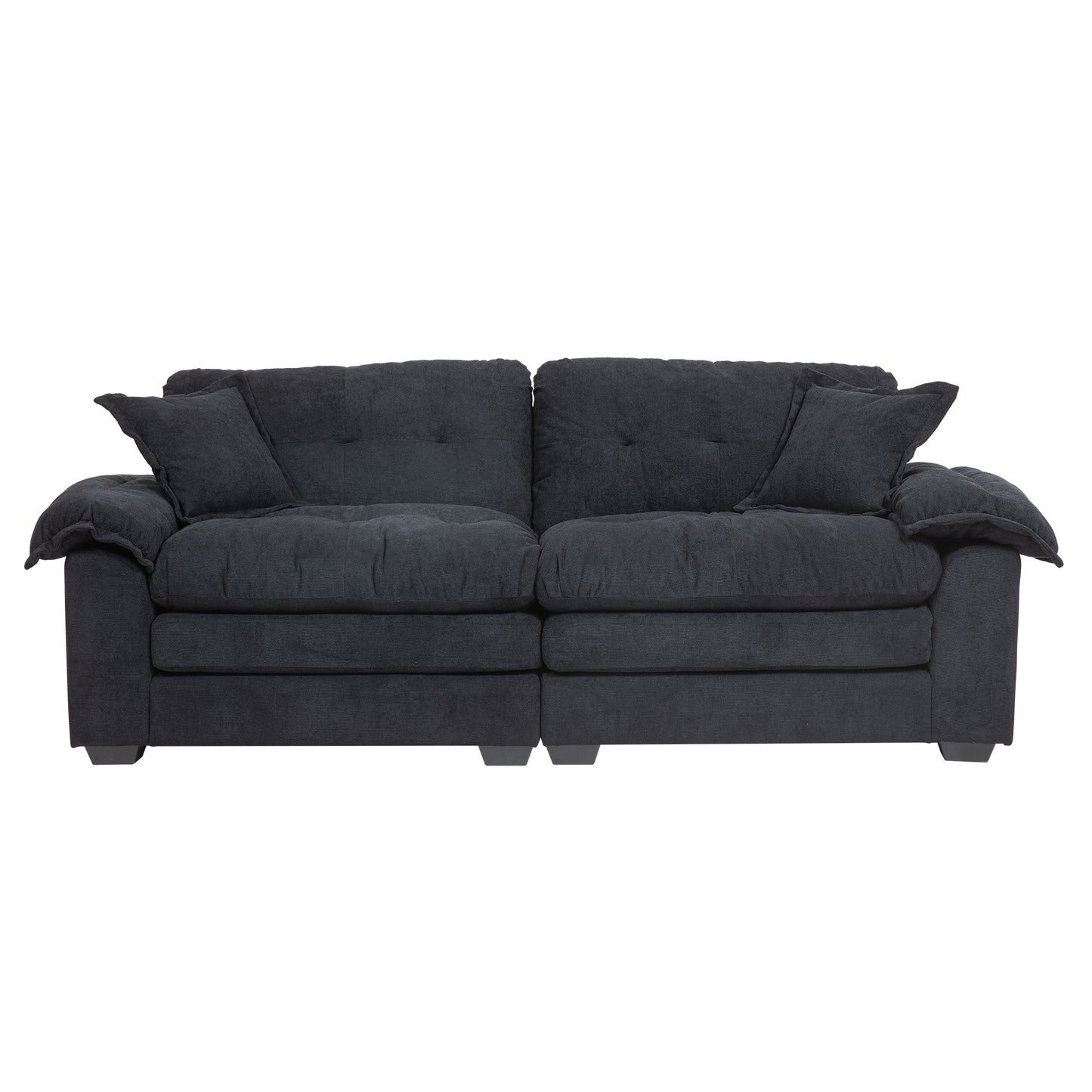 Plush dark gray fabric sofa with deep seat cushions and two throw pillows for modern living rooms