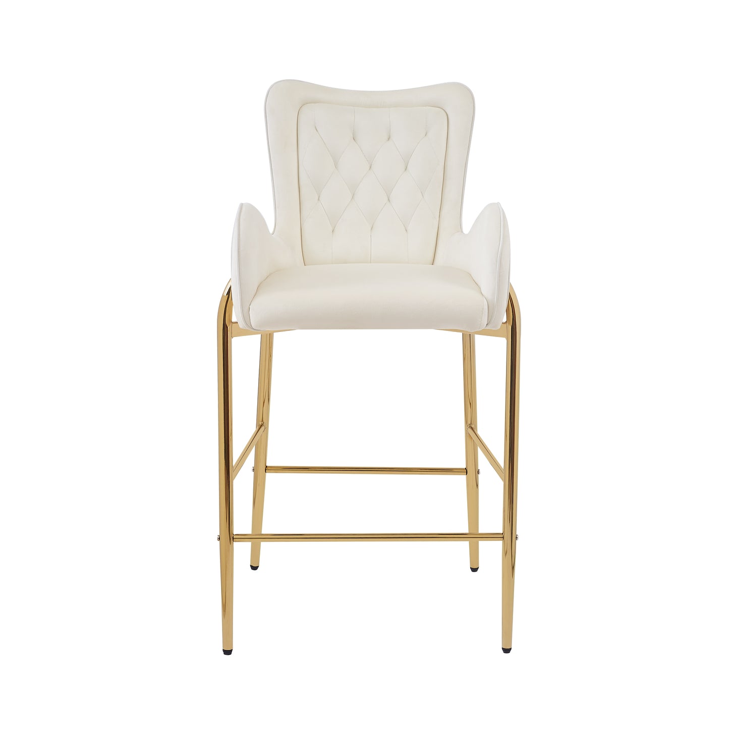 Cream velvet bar stool with diamond tufting and gold legs