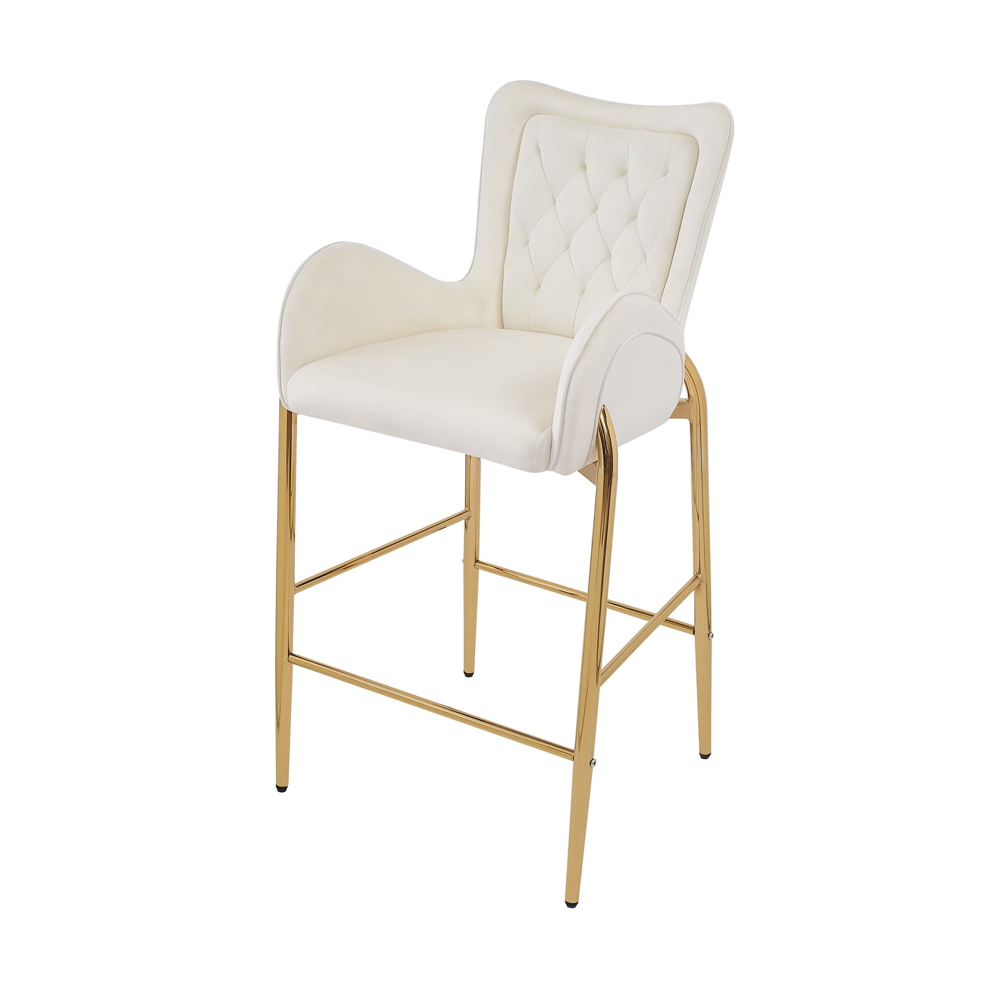 Elegant cream velvet counter stool with diamond tufting and polished gold legs for a modern kitchen island