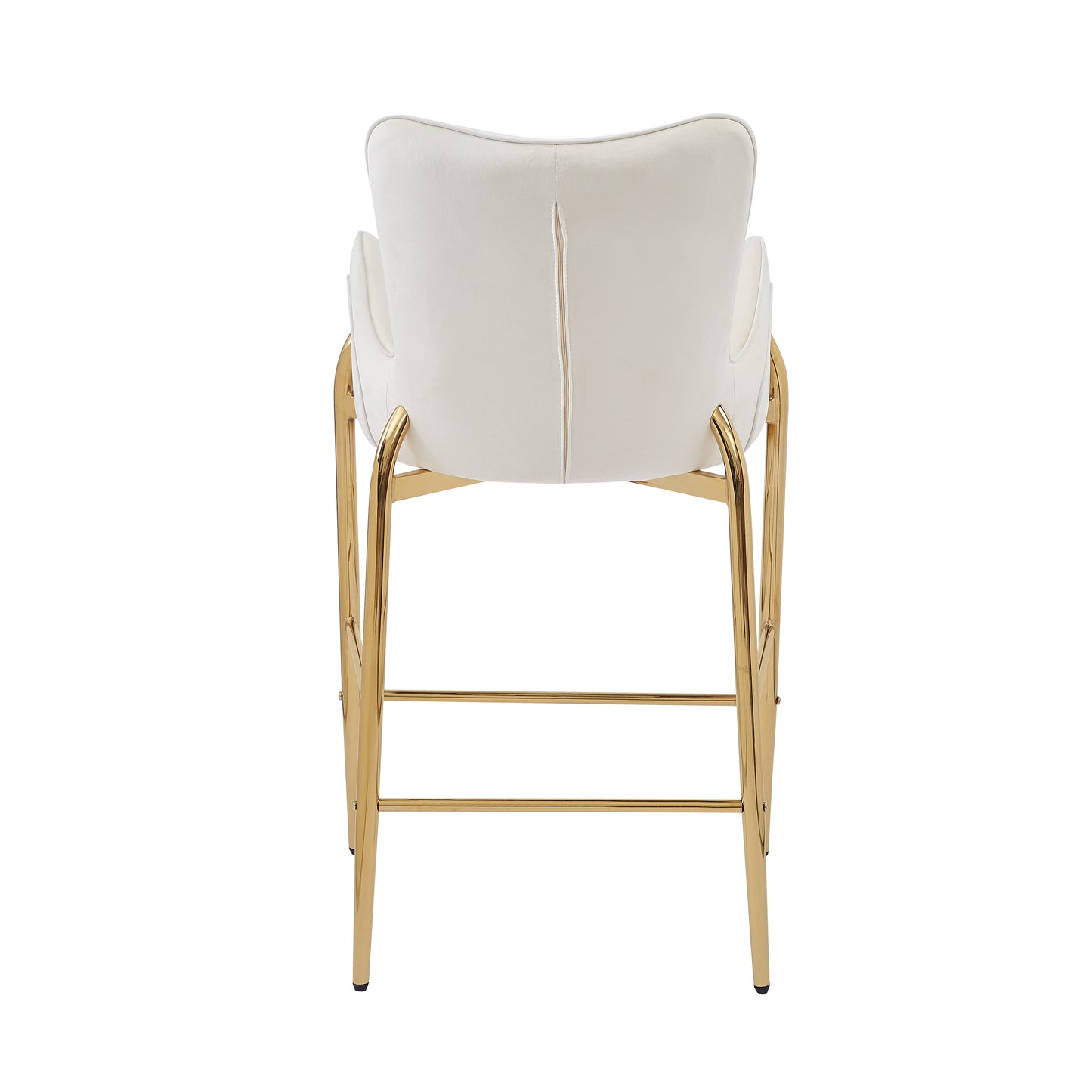 Back view of a white velvet bar stool with gold metal legs
