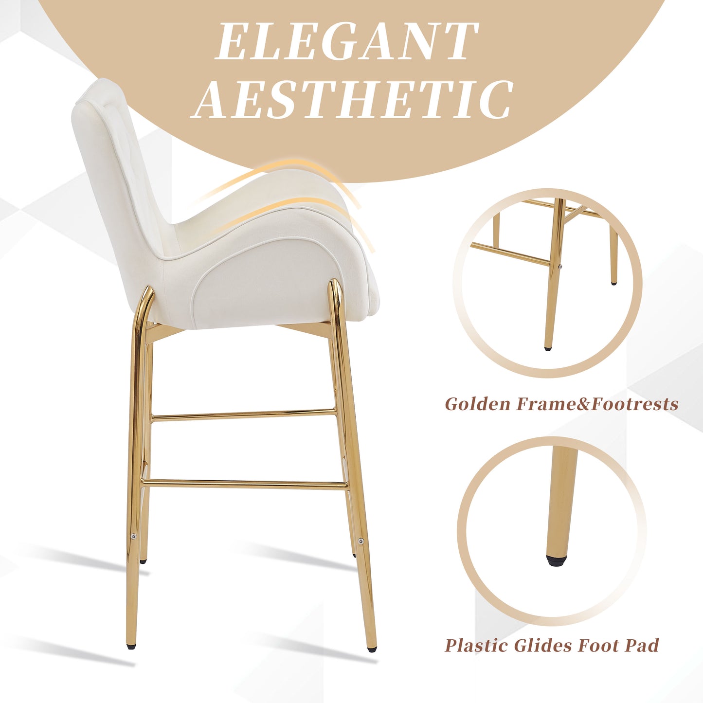 White velvet bar stool with elegant gold frame and footrests