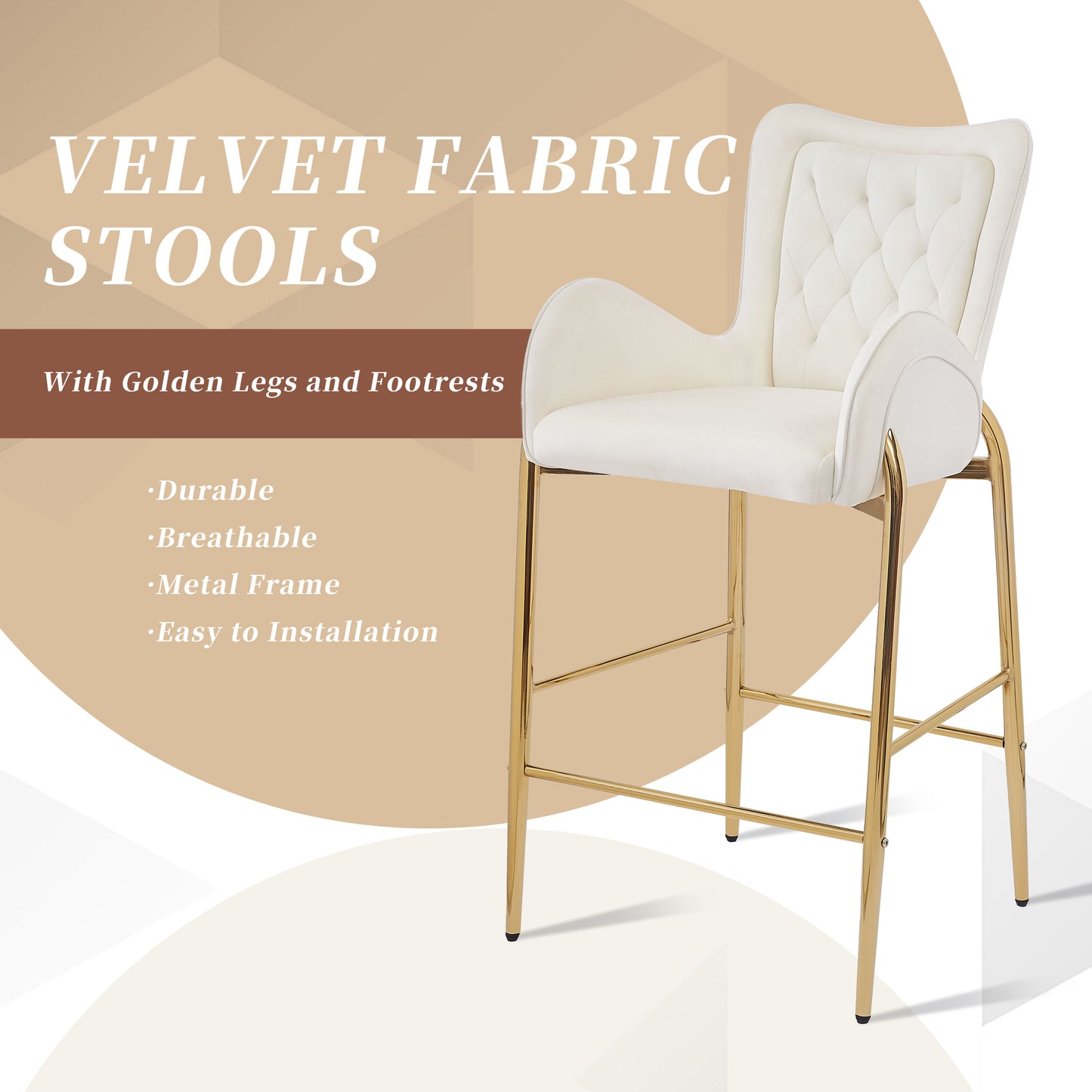 White velvet fabric bar stool with tufted back and golden metal legs
