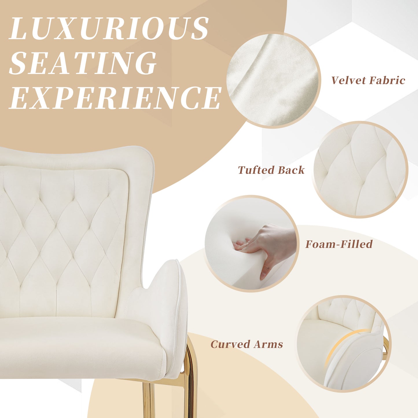 Cream velvet accent chair with tufted back and gold legs