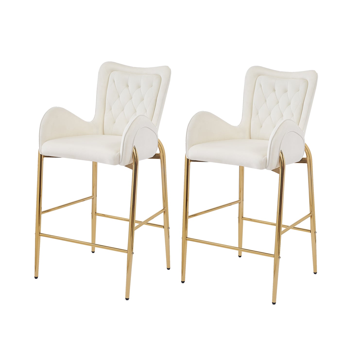Two white velvet bar stools with diamond tufting and gold legs