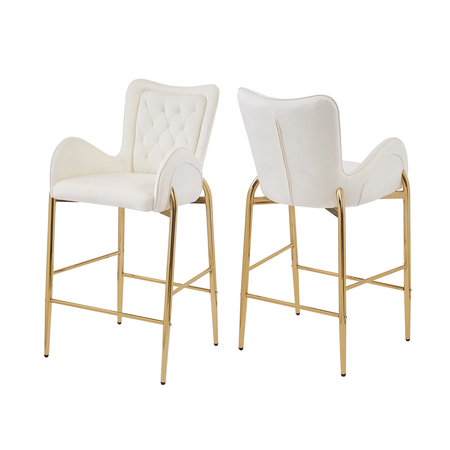 Tufted cream velvet counter stool with gold metal legs and arms