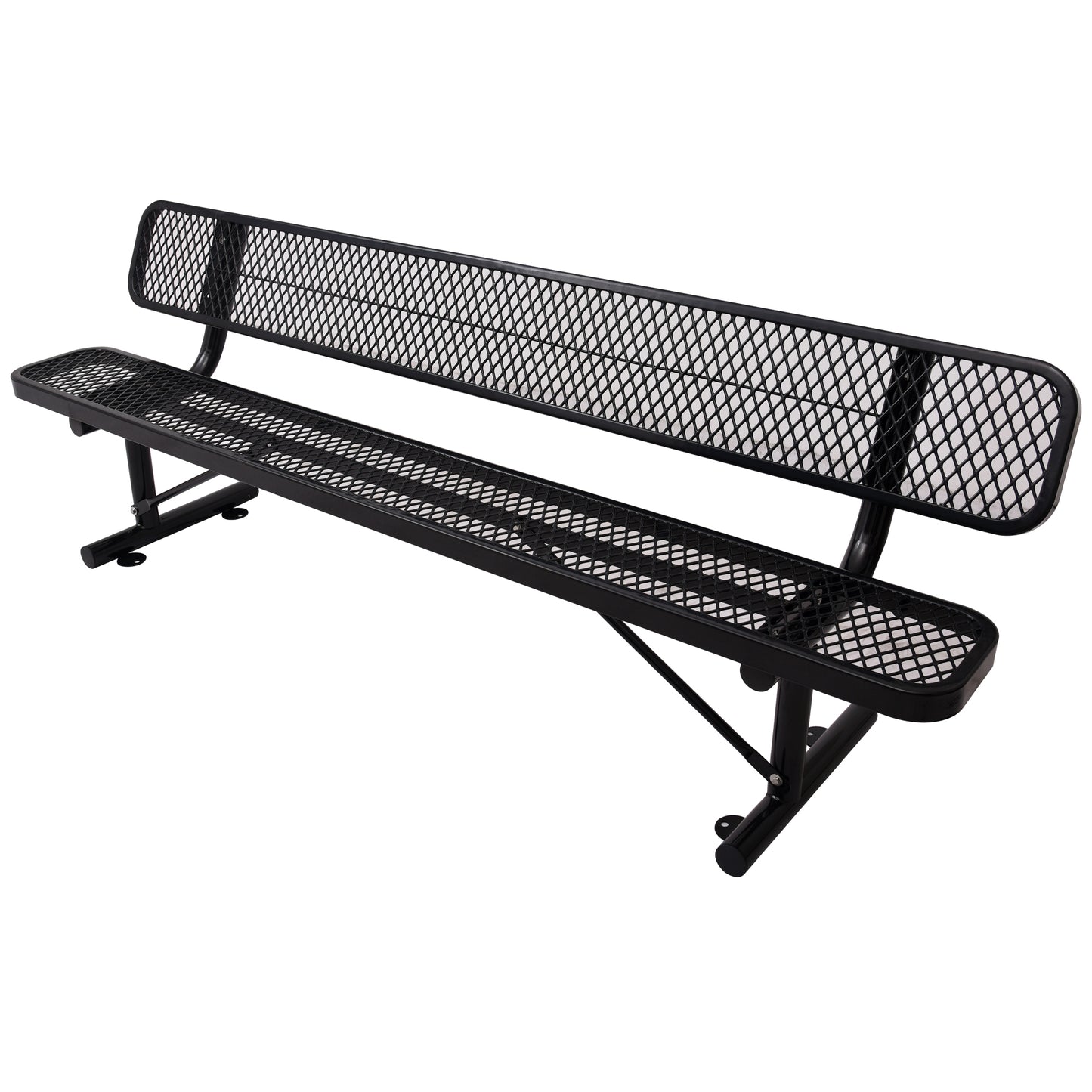Black expanded metal park bench with sturdy metal frame and contoured seat