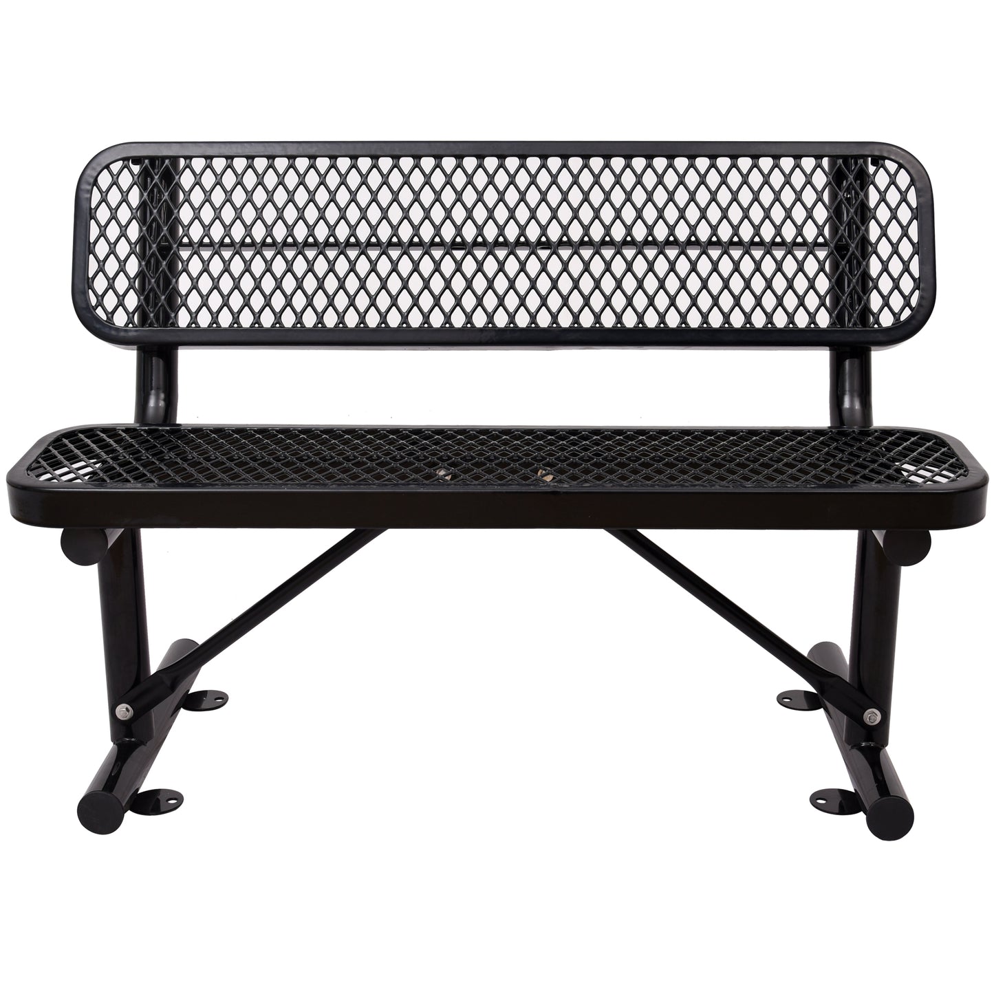Black metal park bench with diamond perforated design and sturdy frame