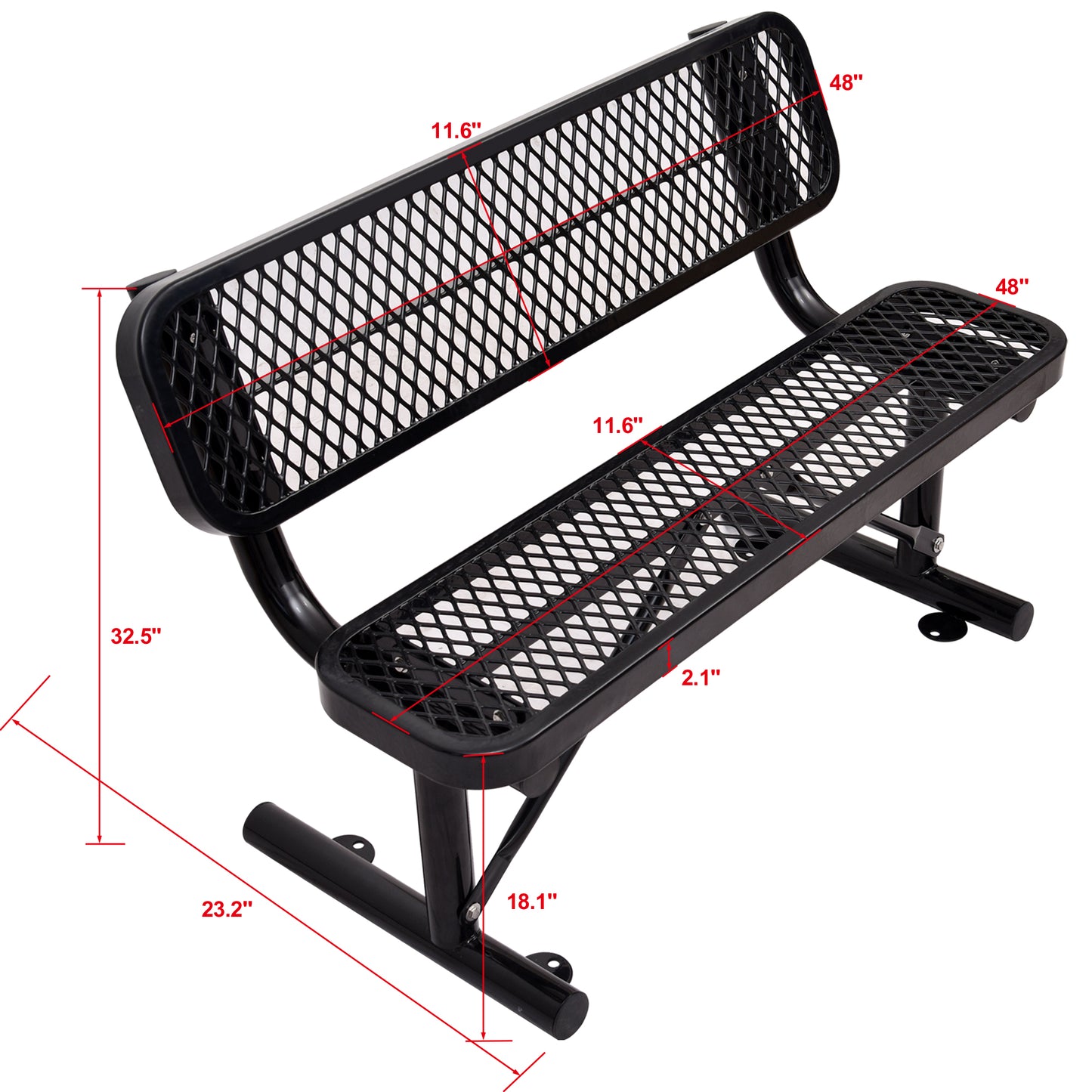 Durable black metal park bench with expanded metal seating and backrest