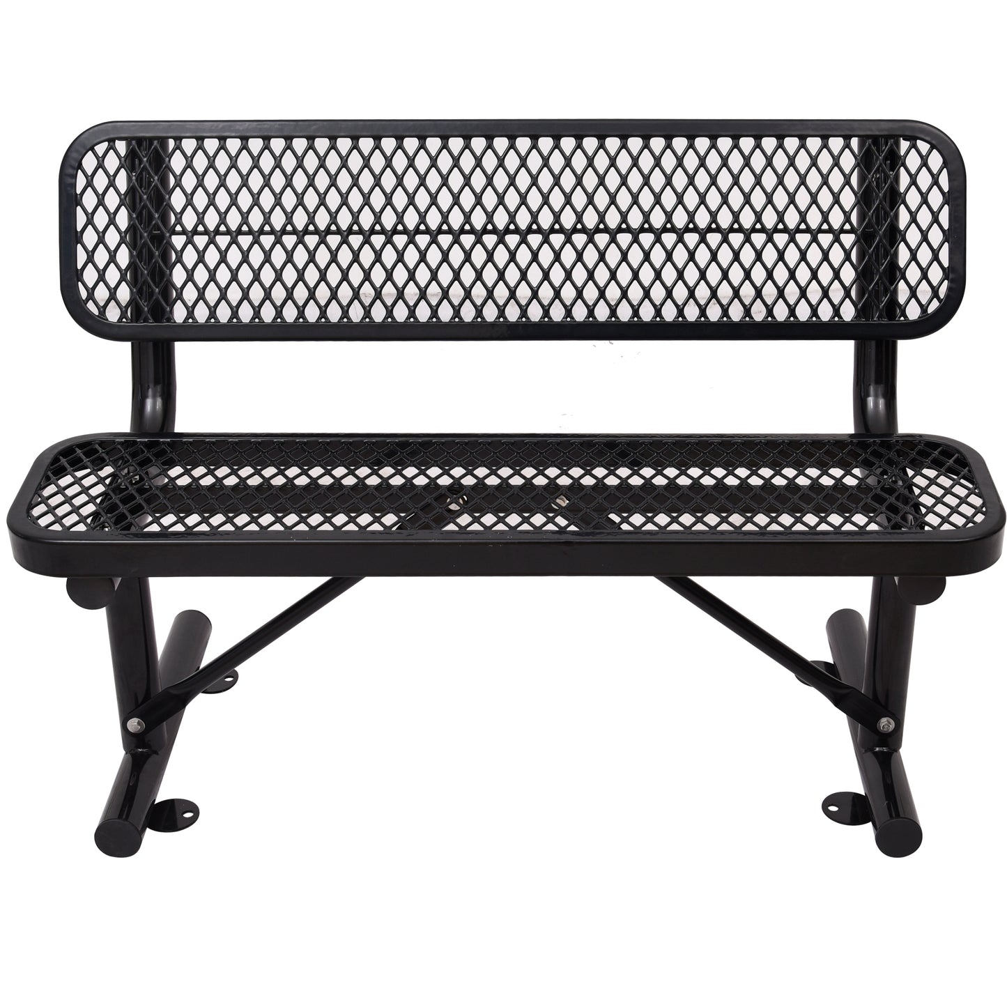 Black metal expanded mesh park bench with rounded edges and sturdy legs