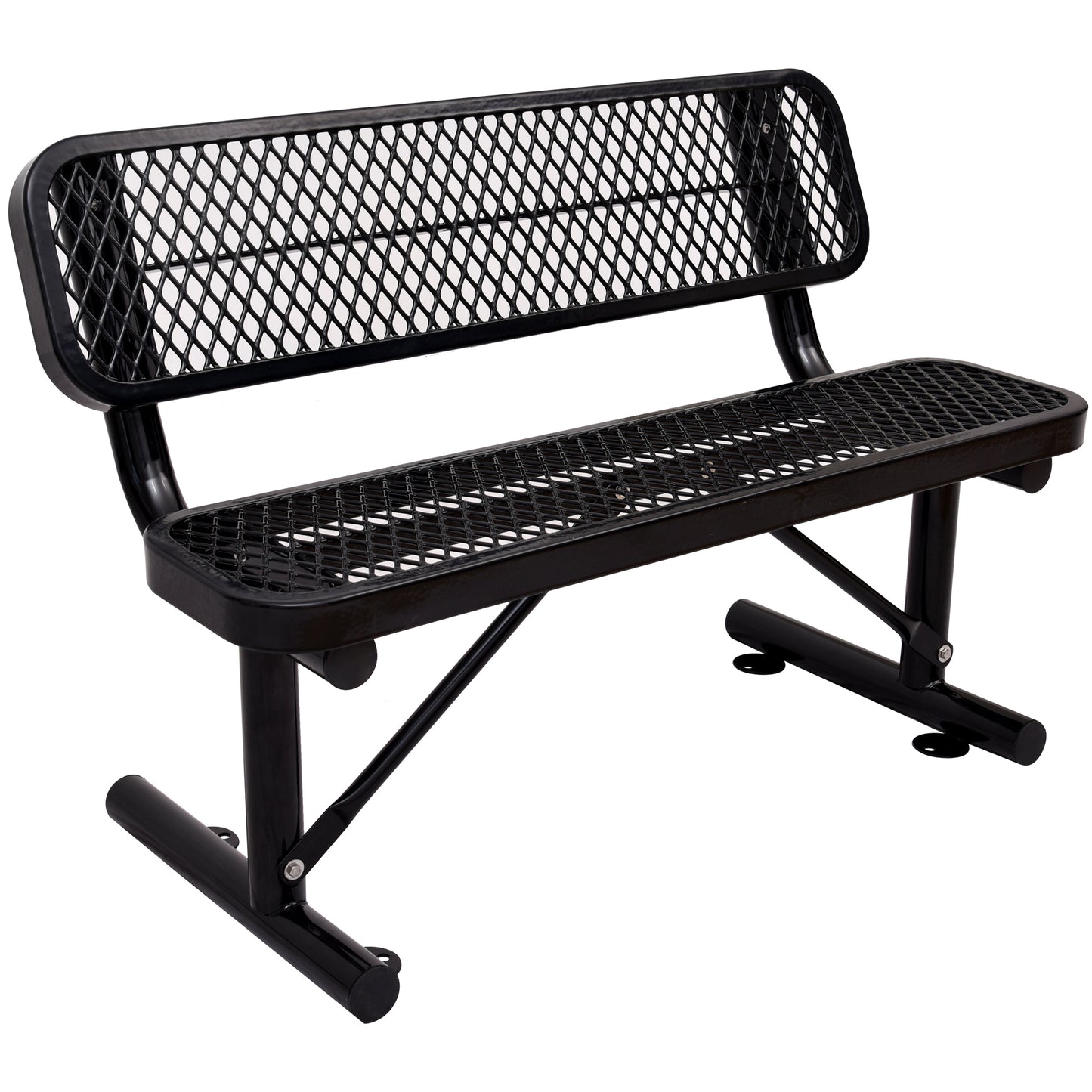 Black diamond mesh park bench with sturdy metal frame ideal for outdoor seating
