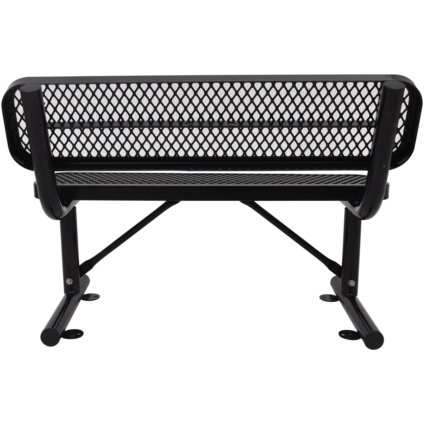 Black metal park bench with expanded mesh back and seat designed for outdoor seating