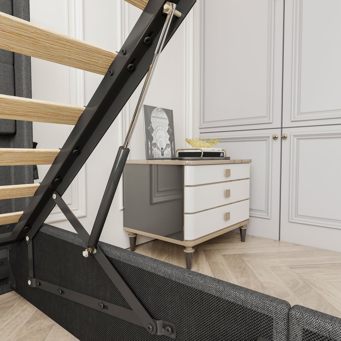 Modern upholstered bed frame with gas lift mechanism and wooden slats for support