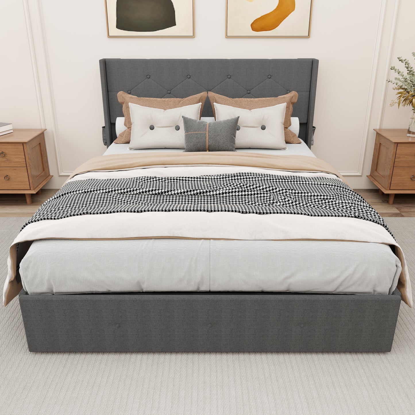 Dark gray upholstered queen bed frame with tufted headboard and button accents