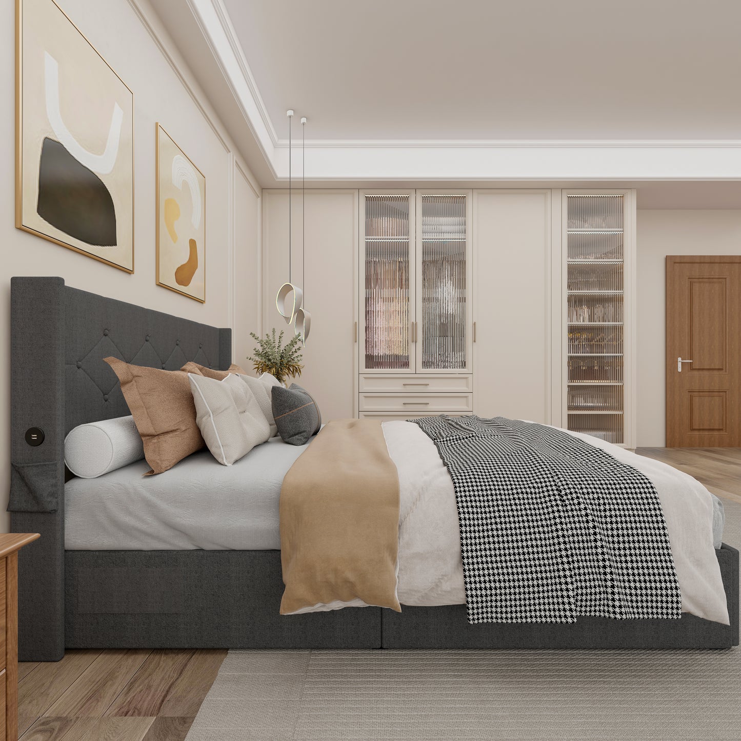 Dark grey upholstered bed with builtin charging ports elegant and modern bedroom furniture