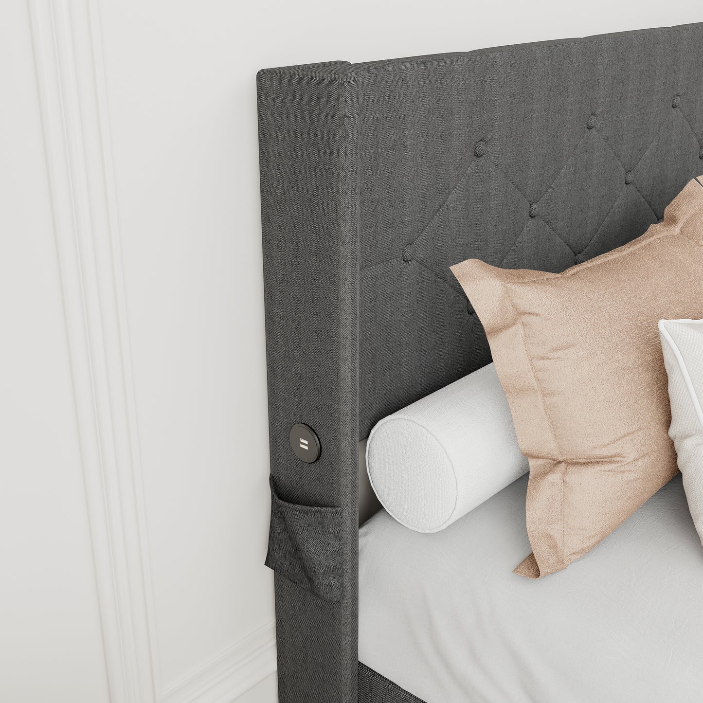 Dark grey fabric headboard with tufted details and integrated USB ports for convenience