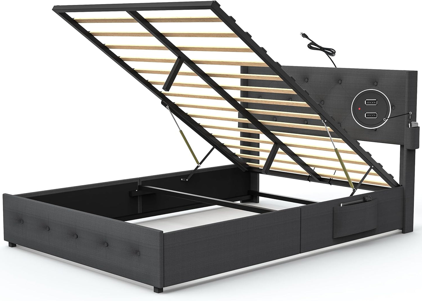 Dark gray upholstered storage bed frame with liftup mattress base and builtin USB ports