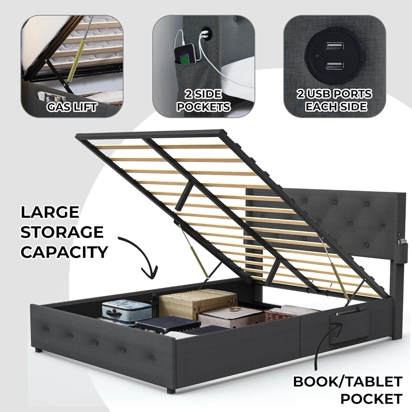 Upholstered storage bed frame with gas lift mechanism and ample underbed storage