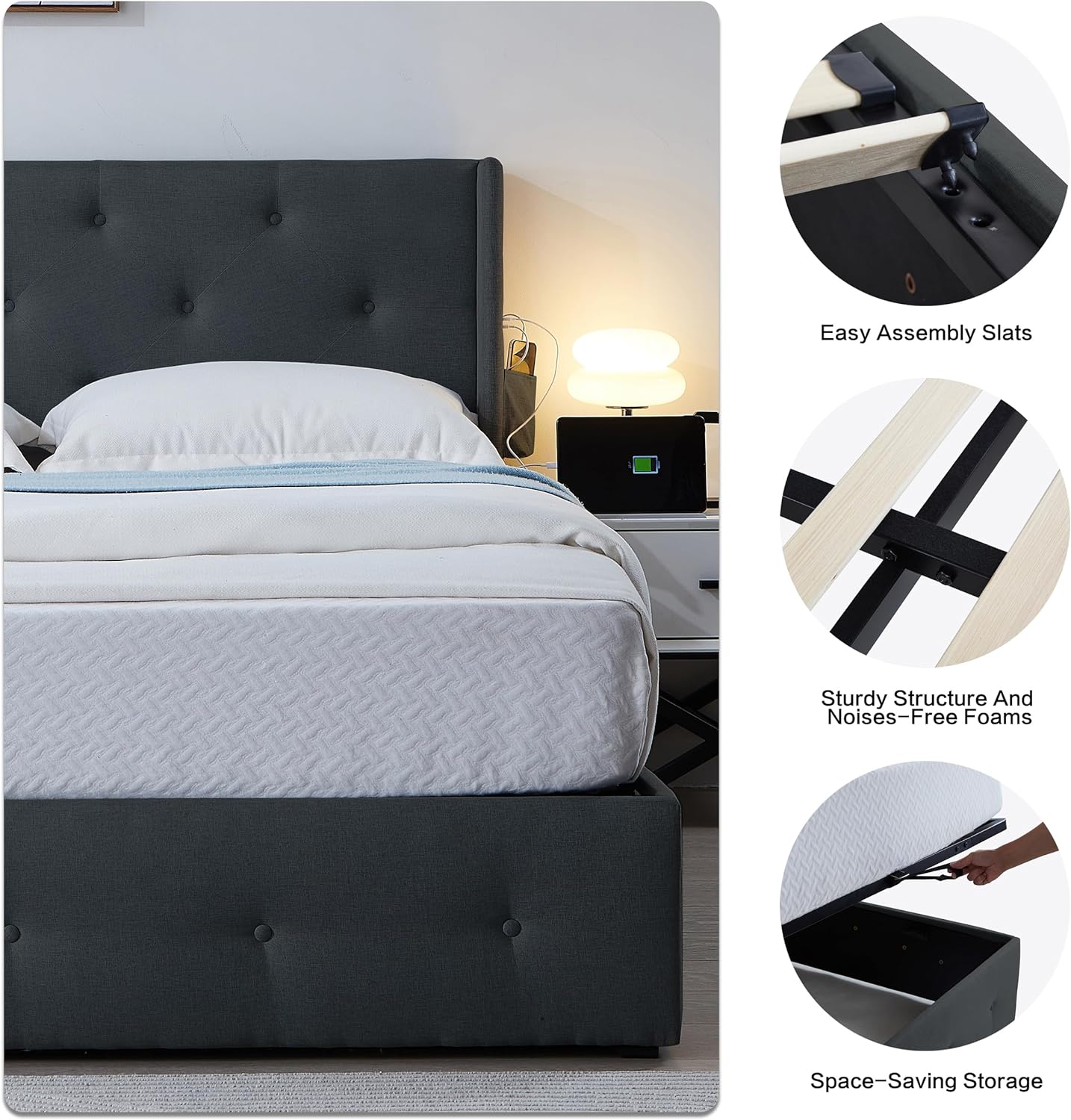 Dark gray upholstered queen bed frame with button tufted headboard
