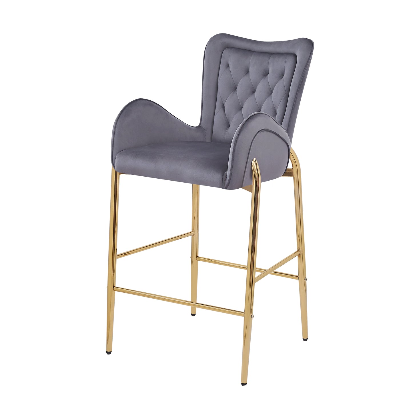 Tufted grey velvet bar stool with gold metal legs
