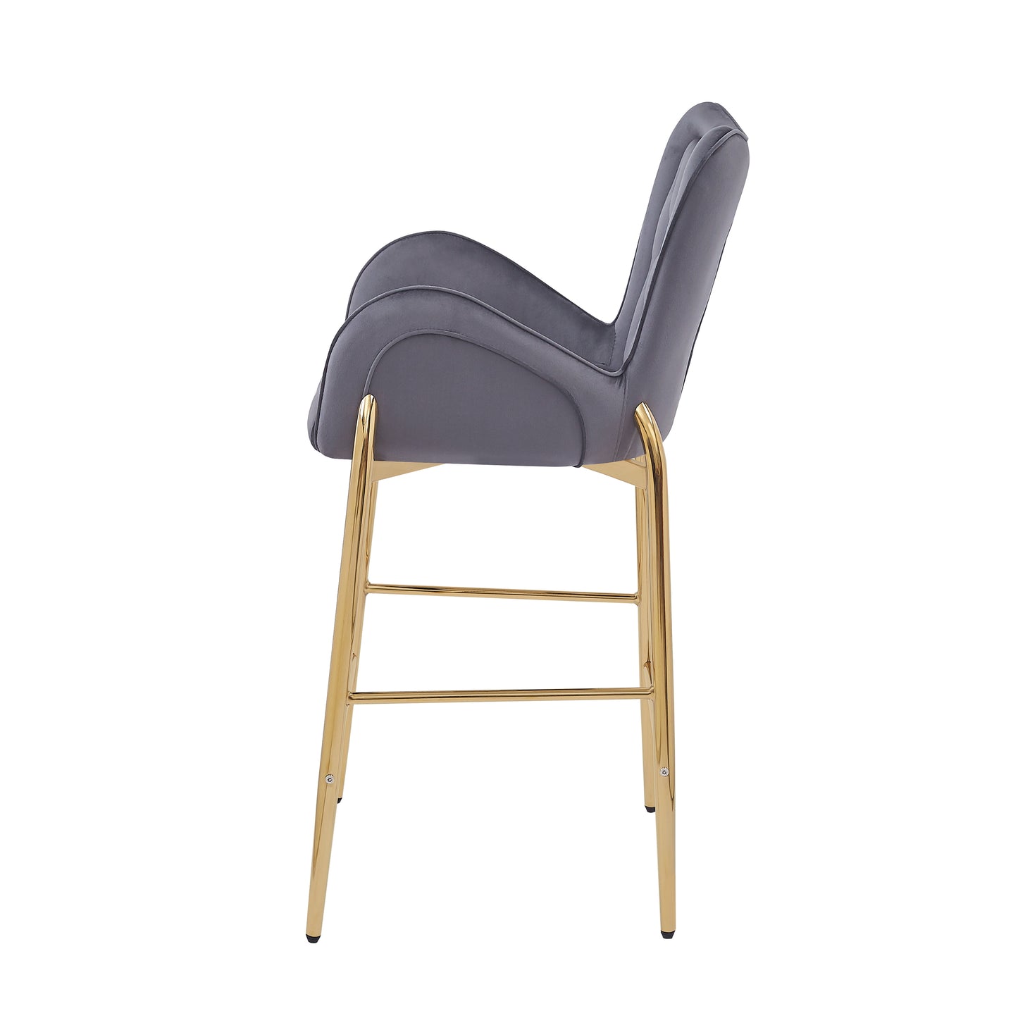 Grey velvet accent chair with gold metal legs and upholstered arms