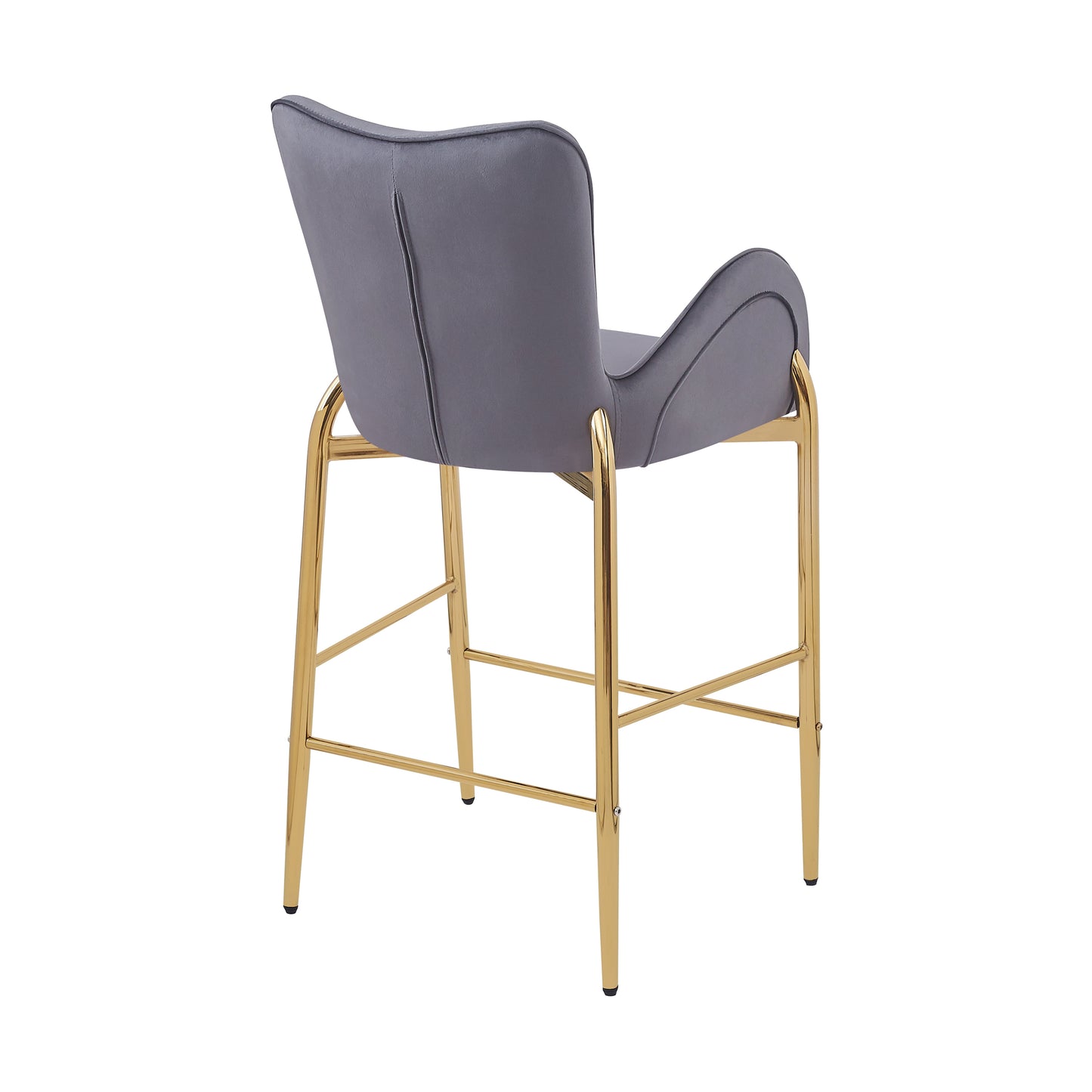Grey velvet bar stool with modern gold legs perfect for a kitchen island