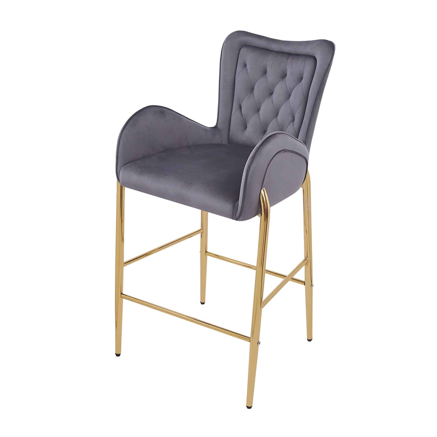 Grey velvet tufted bar stool with gold metal legs and armrests