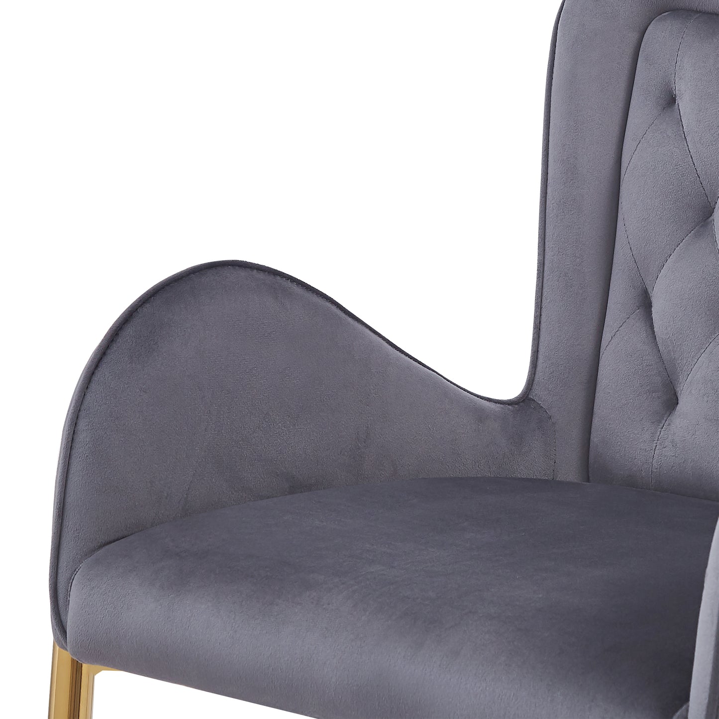 Grey velvet accent chair with tufted back and gold legs